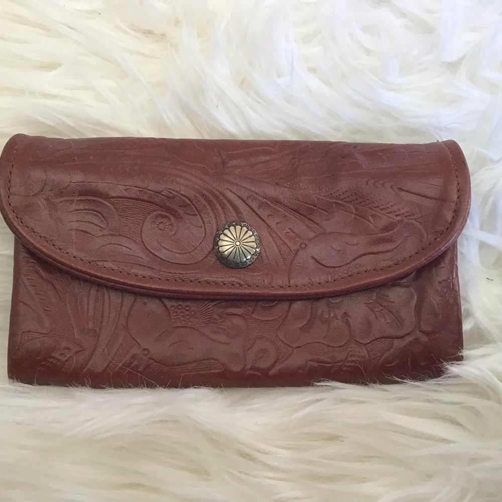 Appaloosa Trading Co. brown tooled leather wallet /sterling silver concho snap